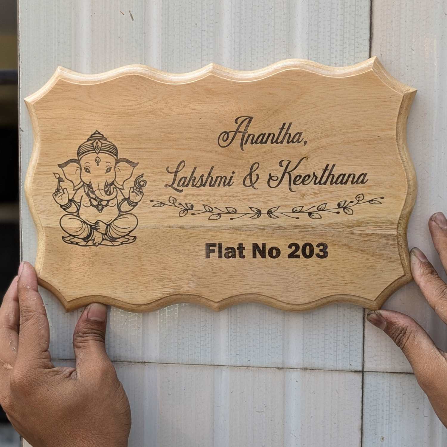 Divine Elegance Engraved Wooden Nameplate | Custom Home Sign with Flat Number