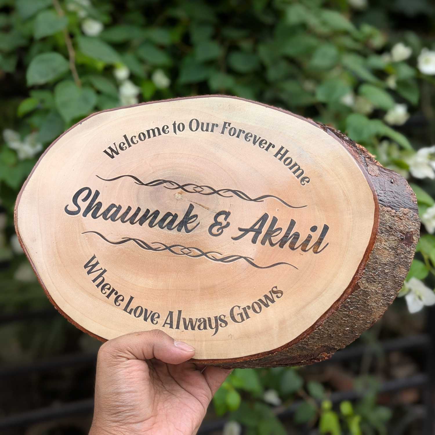 Rustic Natural Wooden Nameplate With Wood Bark | Live Edge Wood Sign