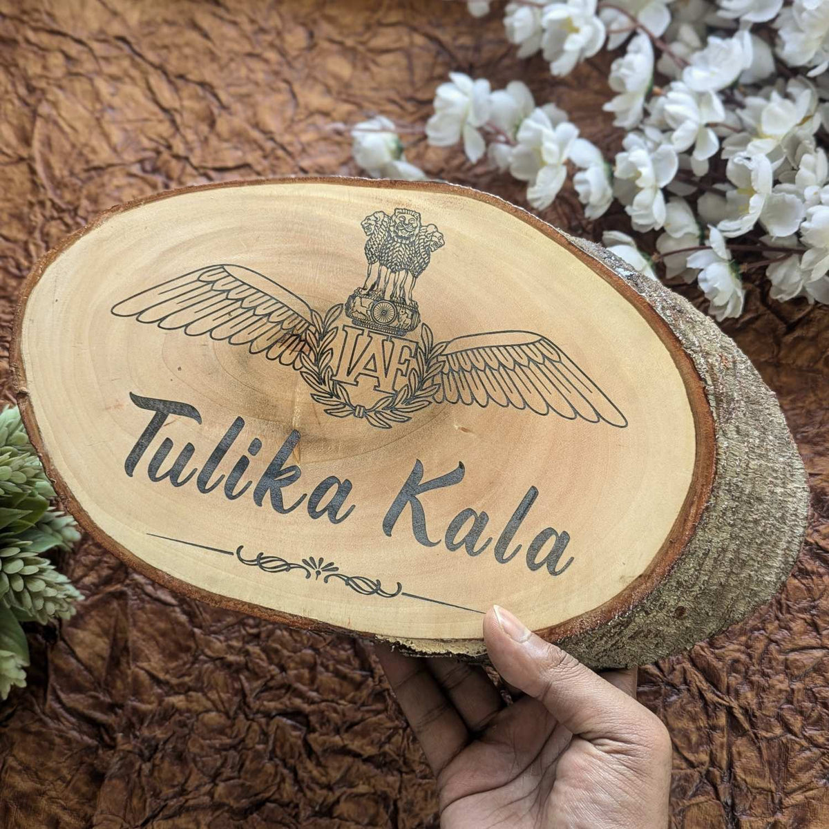 Rustic Natural Wooden Nameplate With Wood Bark | Live Edge Wood Sign