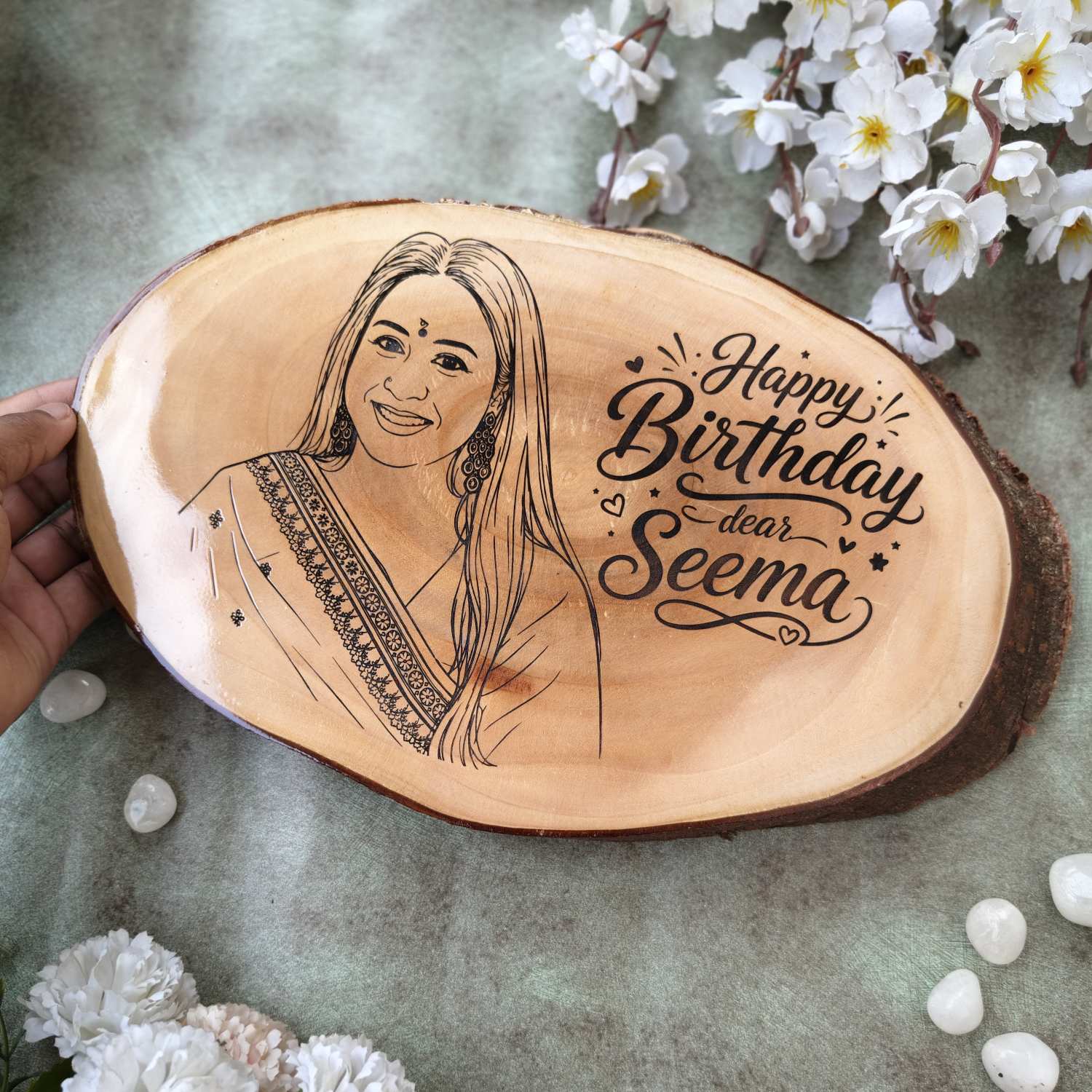 Photo Engraved Rustic Wood Sign With Natural Bark | Customised Wood Nameplate