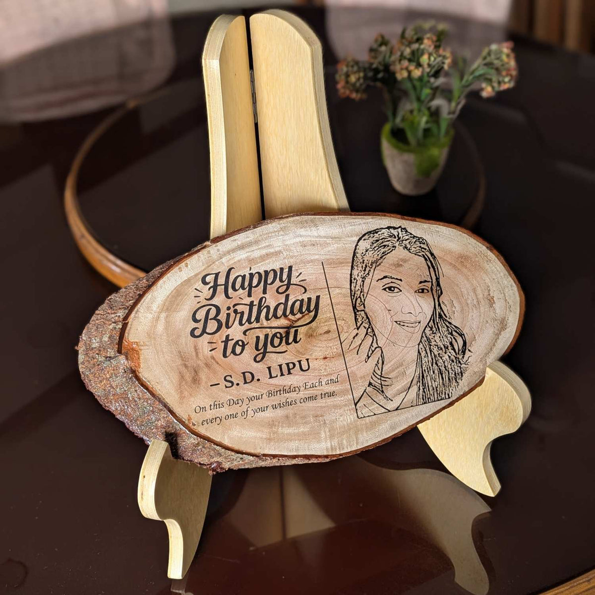 Photo Engraved Rustic Wood Sign With Natural Bark | Customised Wood Nameplate
