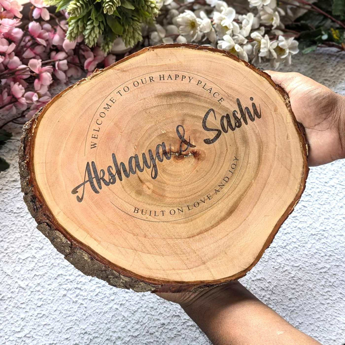 Rustic Natural Wooden Nameplate With Wood Bark | Live Edge Wood Sign