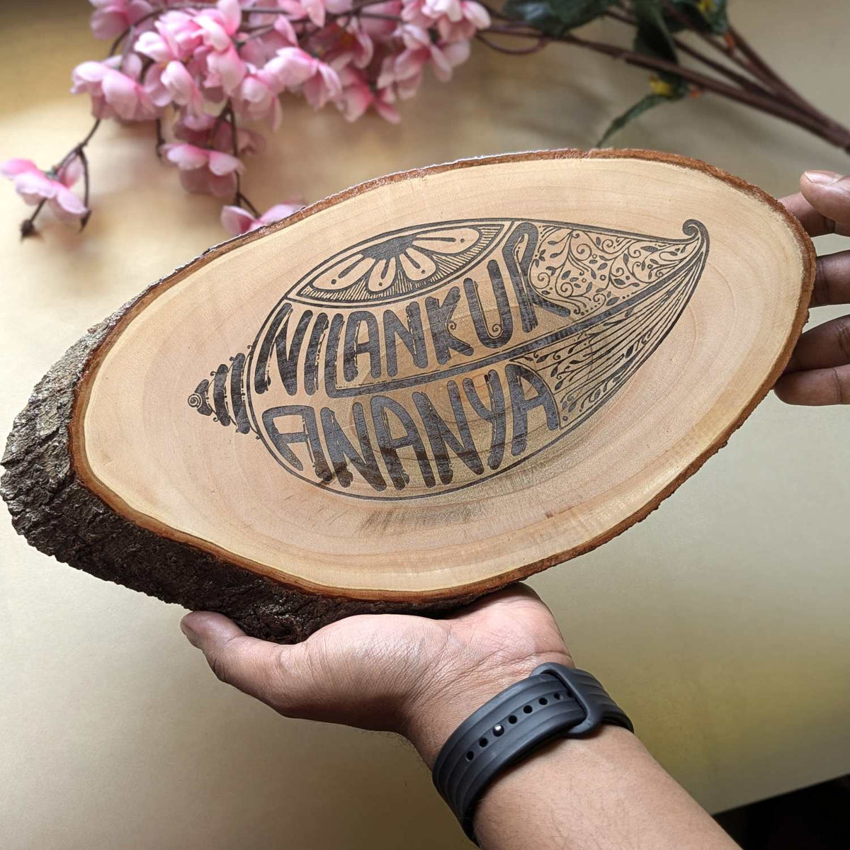 Rustic Natural Wooden Nameplate With Wood Bark | Live Edge Wood Sign