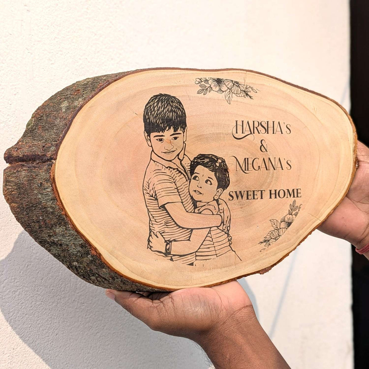 Photo Engraved Rustic Wood Sign With Natural Bark | Customised Wood Nameplate