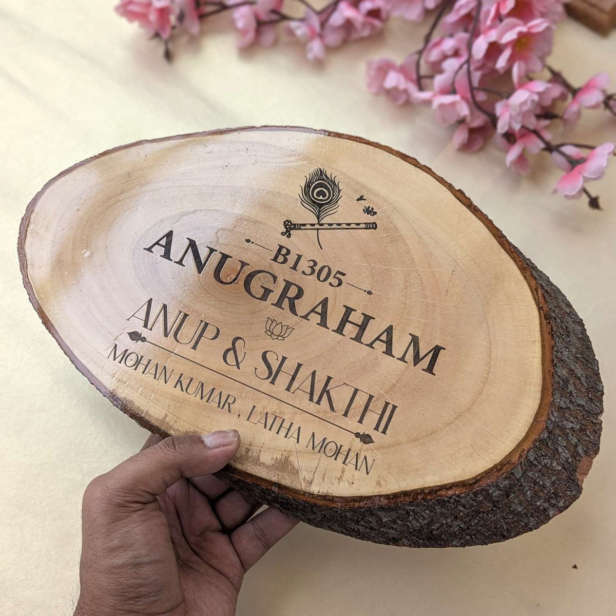 Rustic Natural Wooden Nameplate With Wood Bark | Live Edge Wood Sign