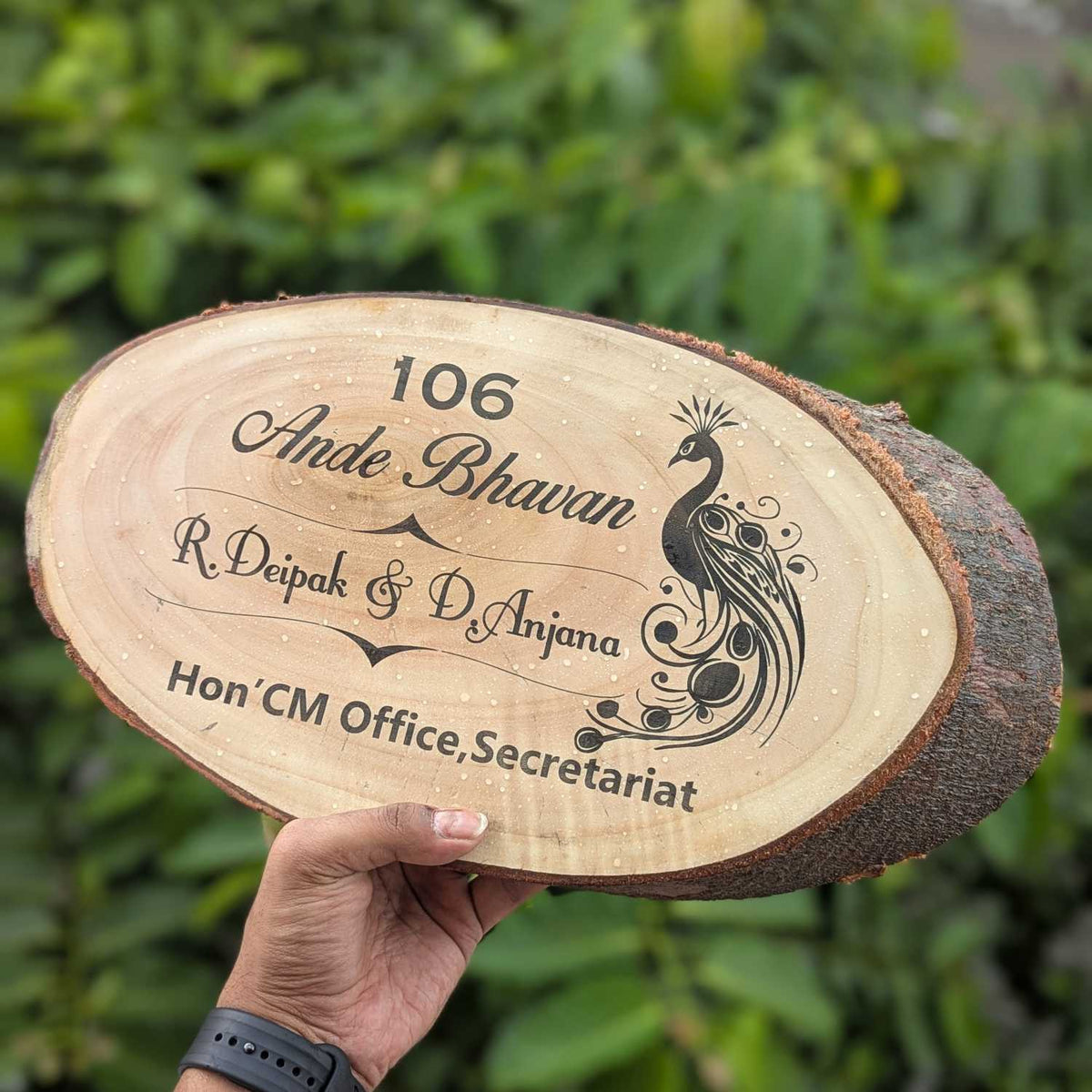 Rustic Natural Wooden Nameplate With Wood Bark | Live Edge Wood Sign