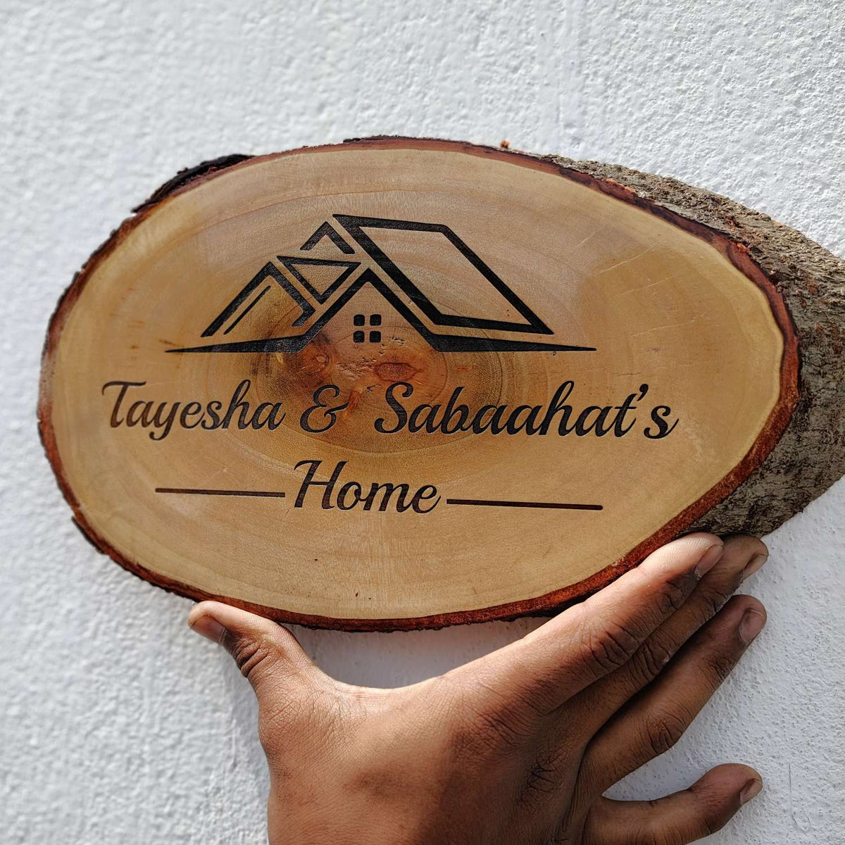 Rustic Natural Wooden Nameplate With Wood Bark | Live Edge Wood Sign