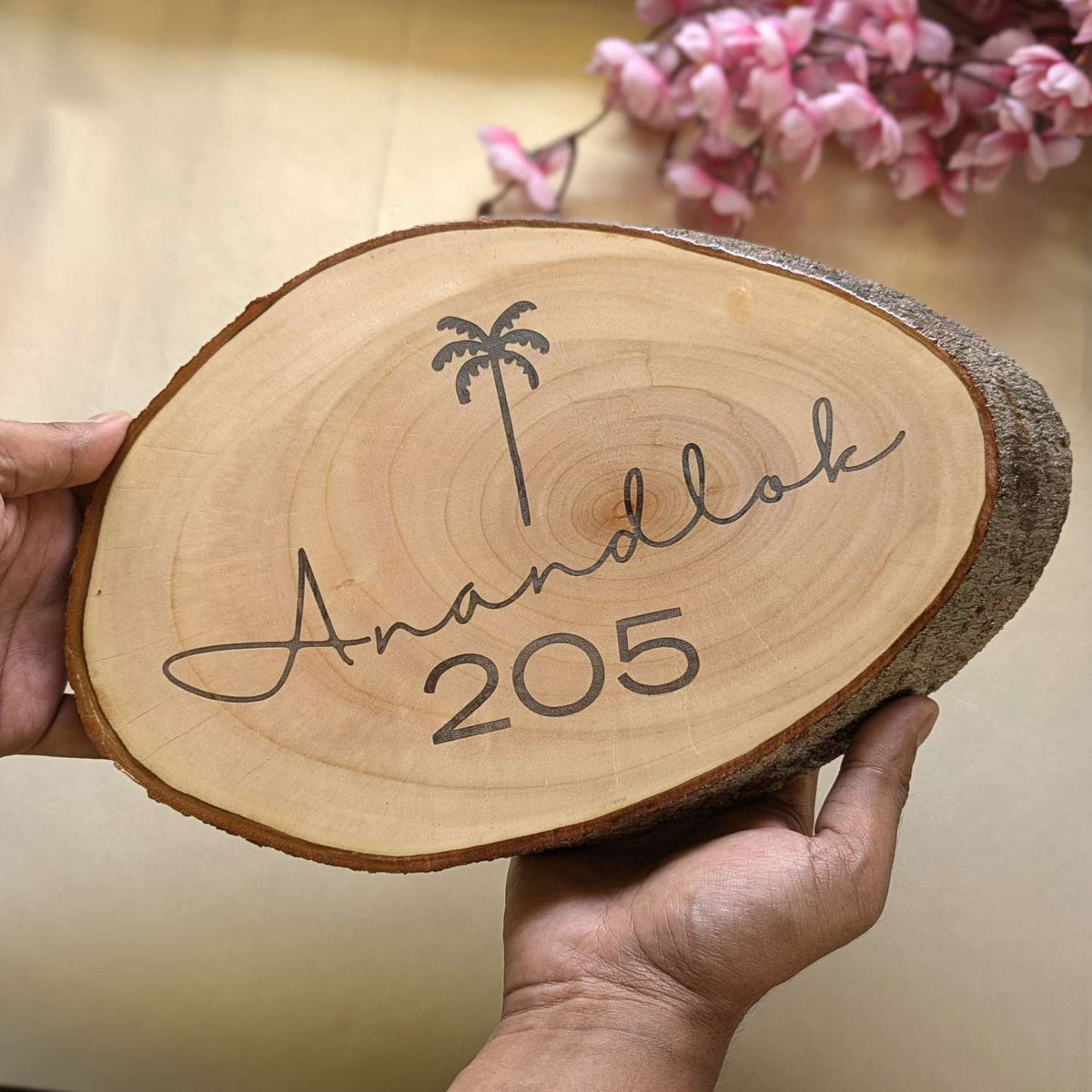 Rustic Natural Wooden Nameplate With Wood Bark | Live Edge Wood Sign