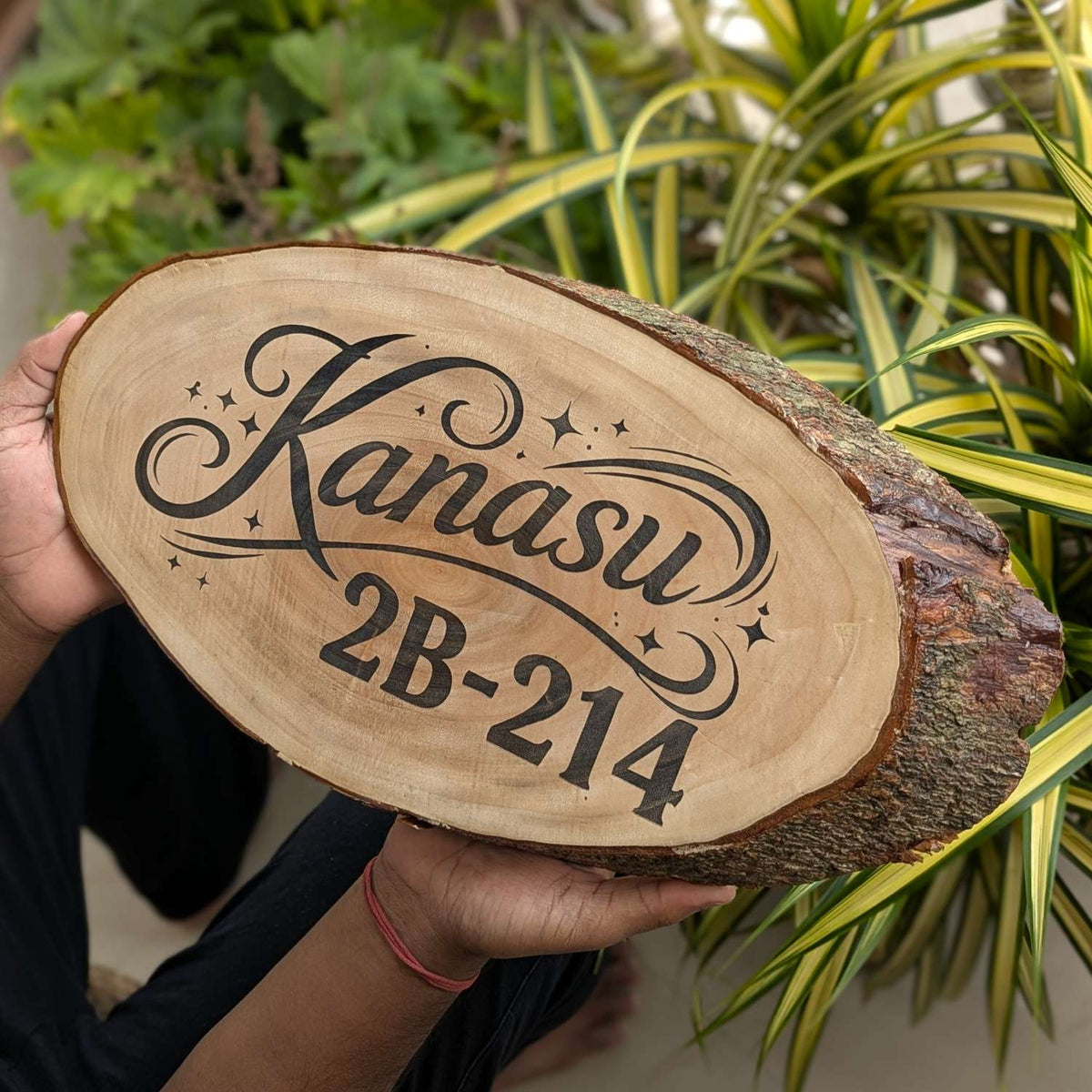 Rustic Natural Wooden Nameplate With Wood Bark | Live Edge Wood Sign