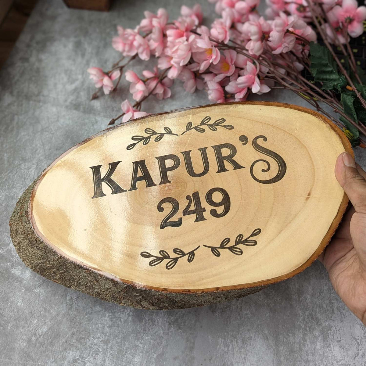 Rustic Natural Wooden Nameplate With Wood Bark | Live Edge Wood Sign