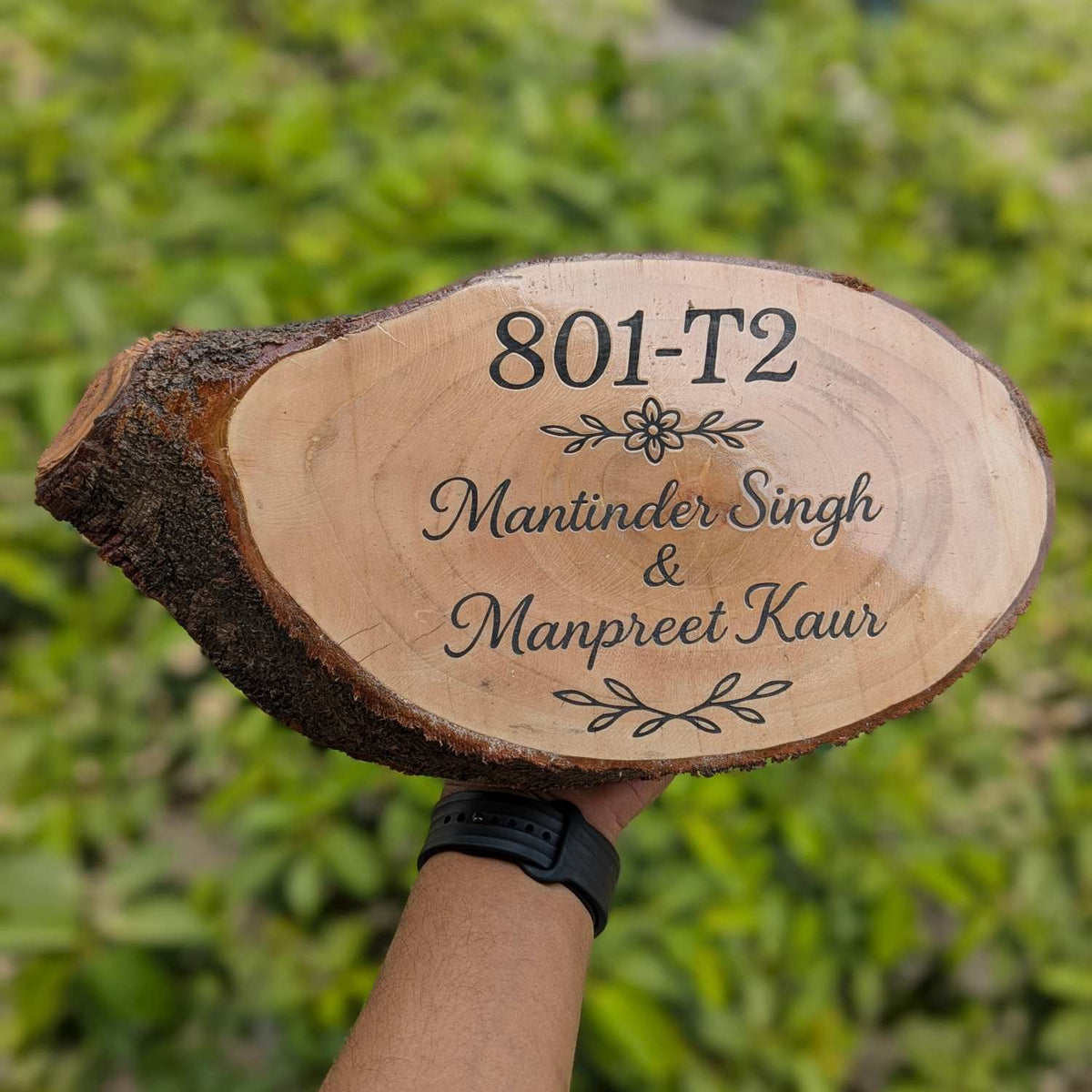 Rustic Natural Wooden Nameplate With Wood Bark | Live Edge Wood Sign