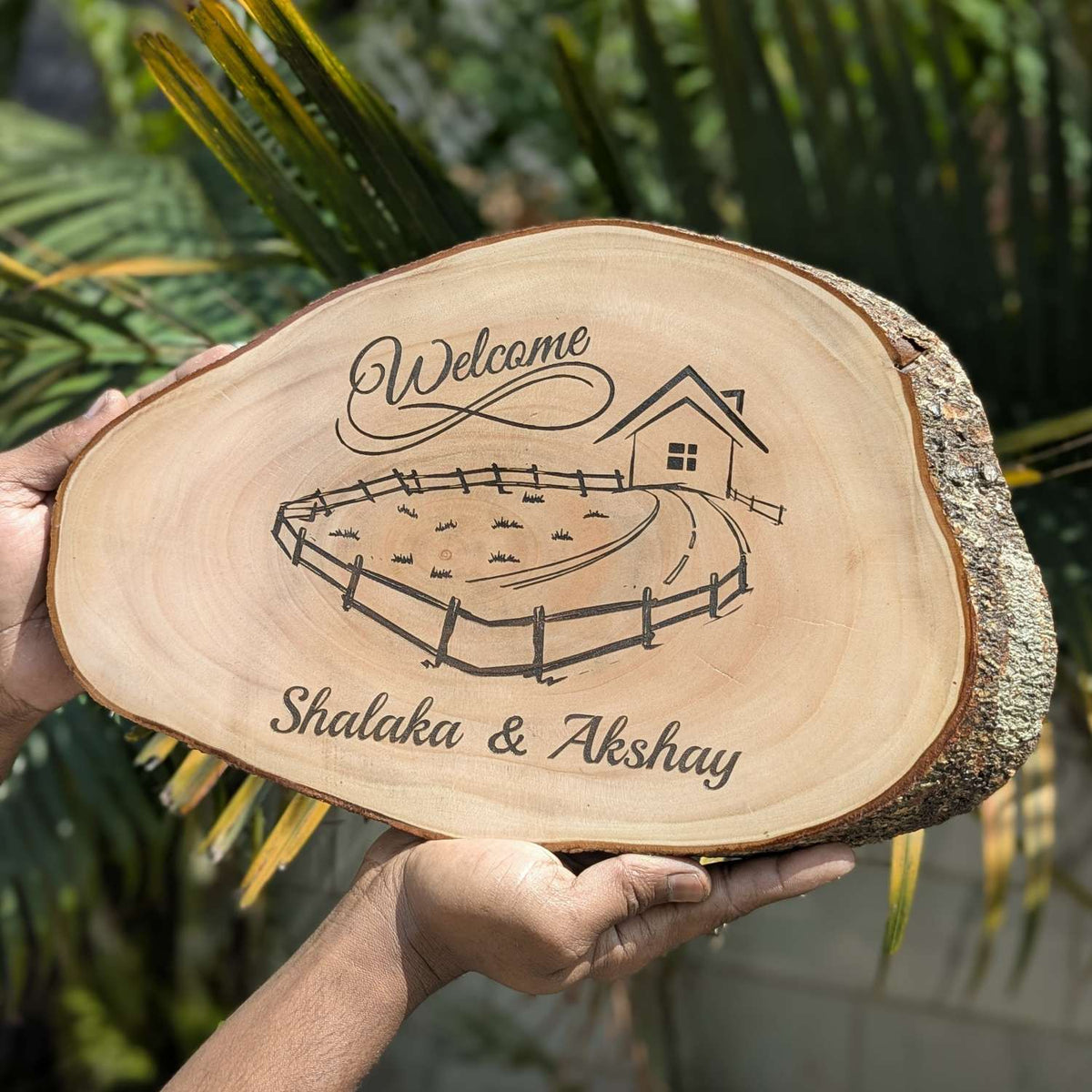 Rustic Natural Wooden Nameplate With Wood Bark | Live Edge Wood Sign