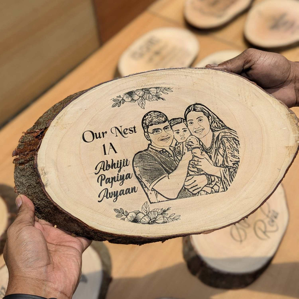 Photo Engraved Rustic Wood Sign With Natural Bark | Customised Wood Nameplate