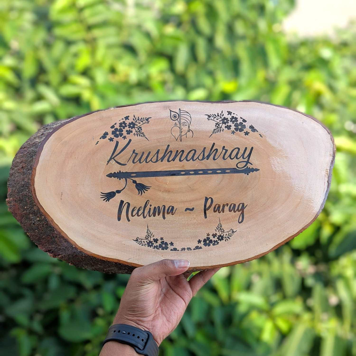 Rustic Natural Wooden Nameplate With Wood Bark | Live Edge Wood Sign