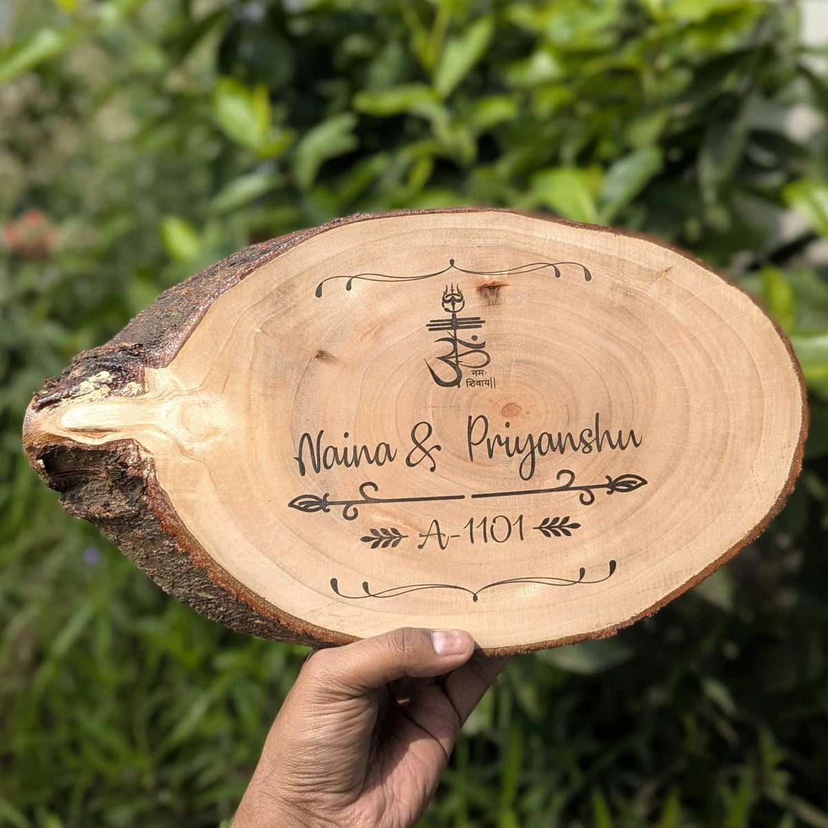 Rustic Natural Wooden Nameplate With Wood Bark | Live Edge Wood Sign