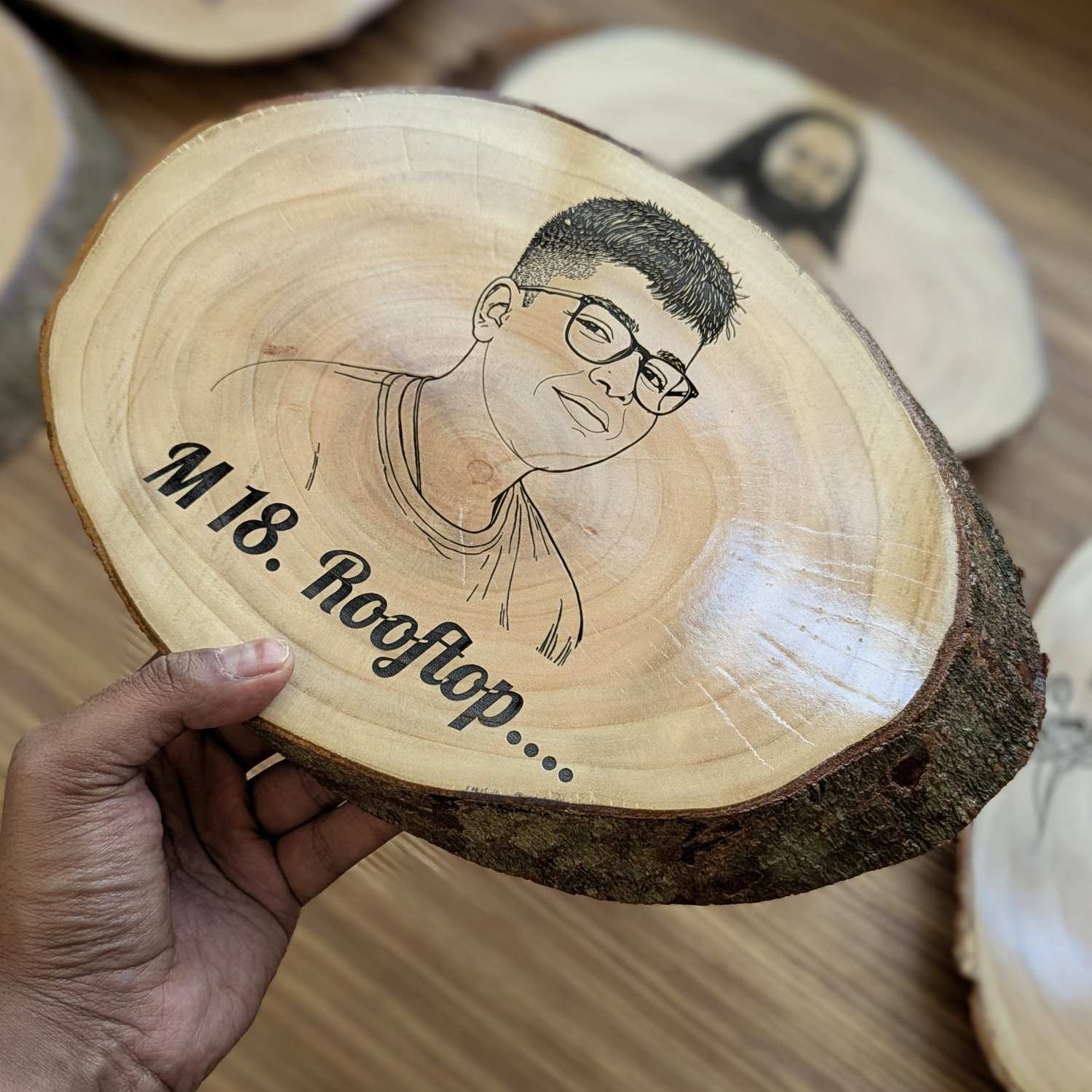 Photo Engraved Rustic Wood Sign With Natural Bark | Customised Wood Nameplate
