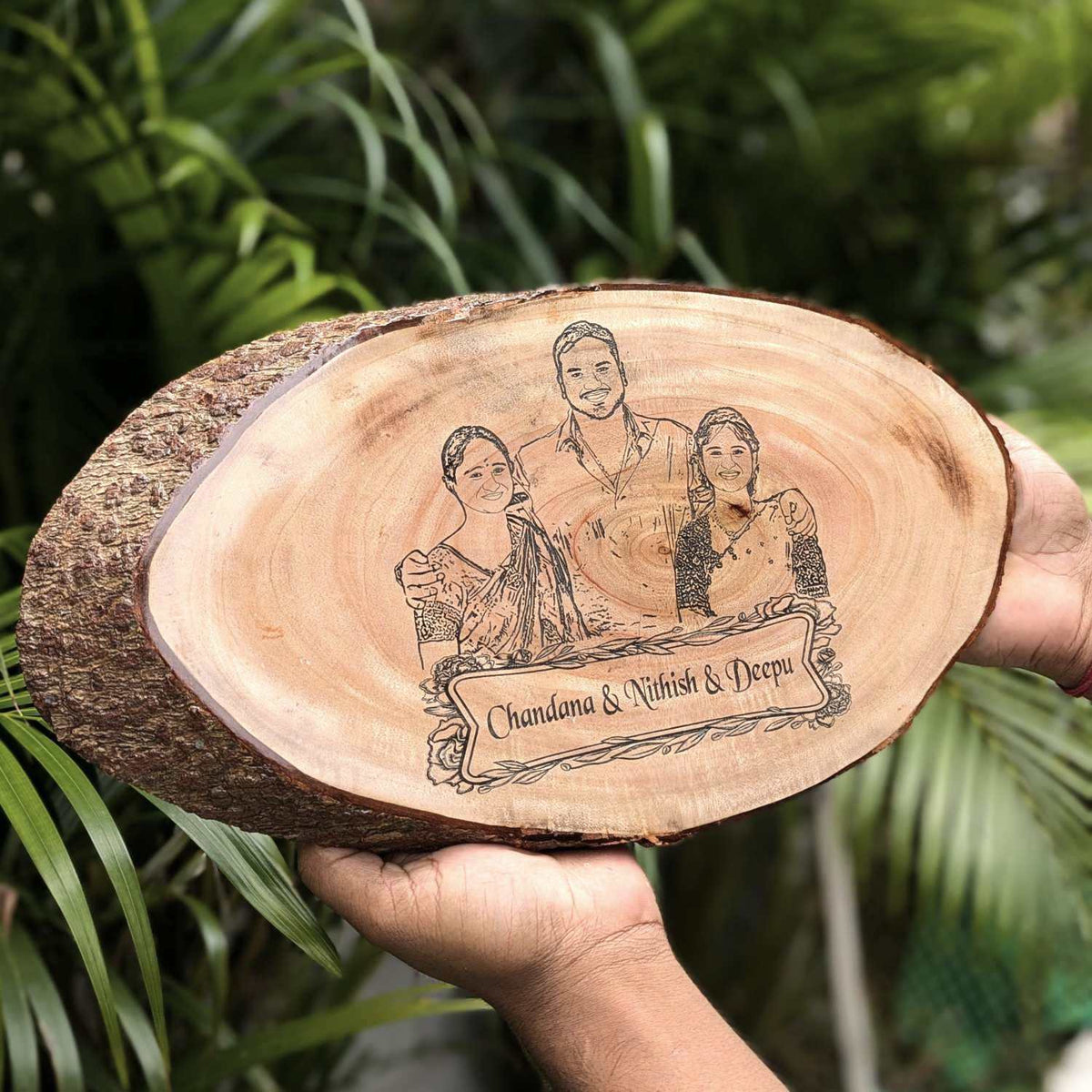 Photo Engraved Rustic Wood Sign With Natural Bark | Customised Wood Nameplate