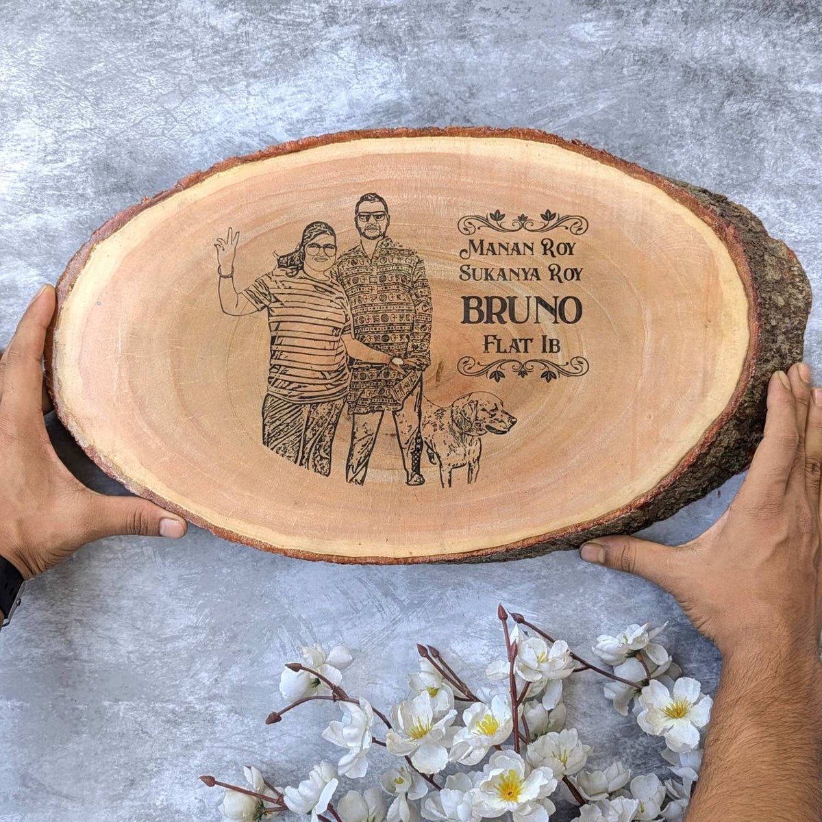 Photo Engraved Rustic Wood Sign With Natural Bark | Customised Wood Nameplate