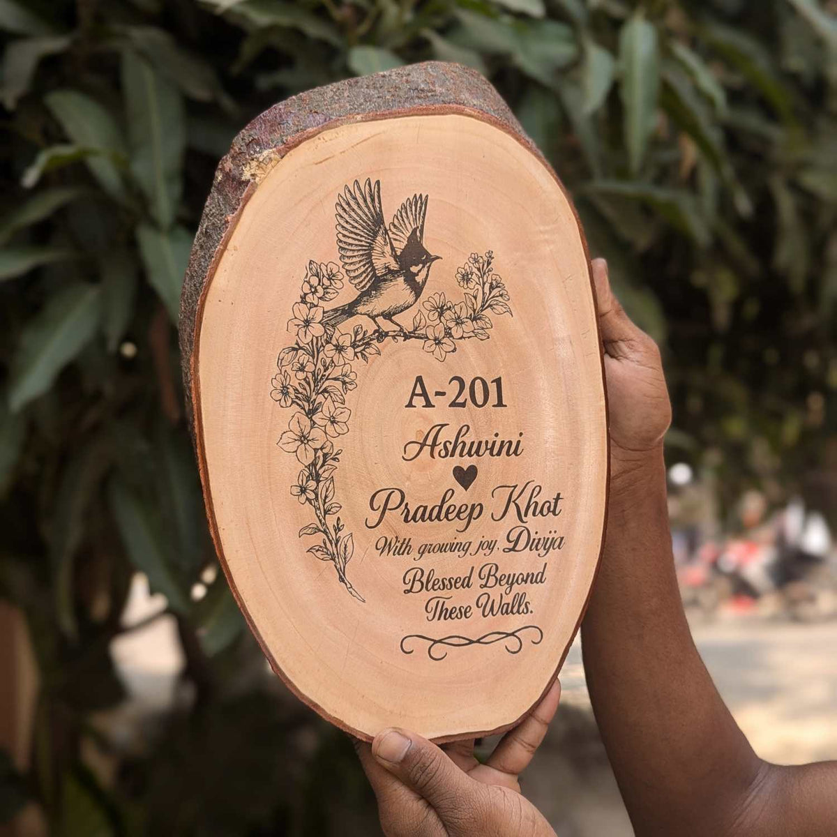 Rustic Natural Wooden Nameplate With Wood Bark | Live Edge Wood Sign