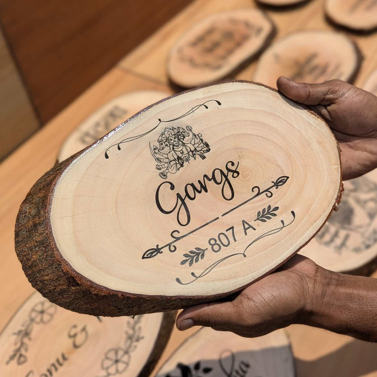 Rustic Natural Wooden Nameplate With Wood Bark | Live Edge Wood Sign