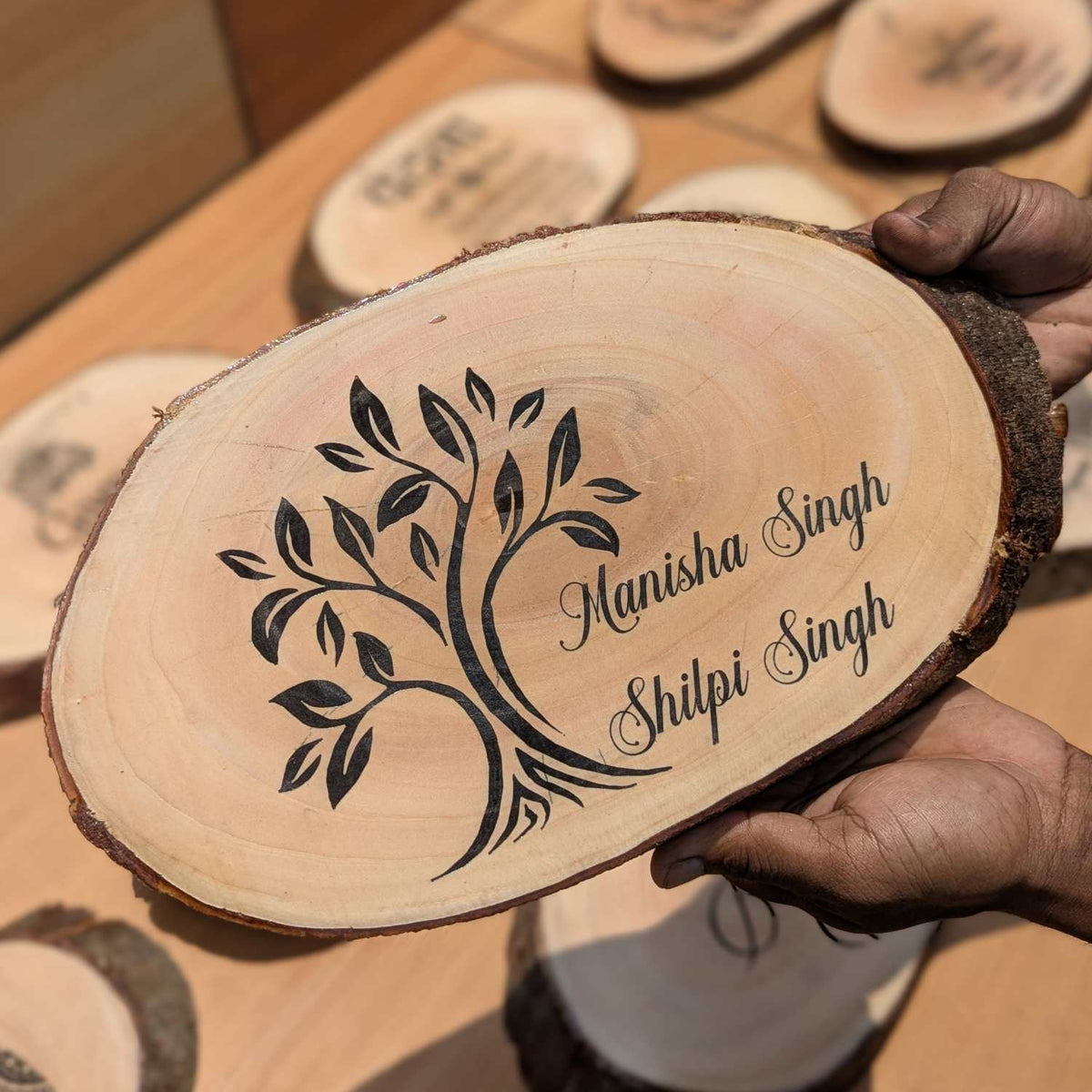 Rustic Natural Wooden Nameplate With Wood Bark | Live Edge Wood Sign