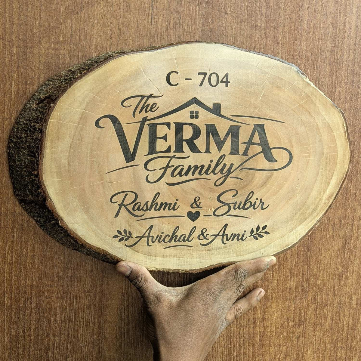 Rustic Natural Wooden Nameplate With Wood Bark | Live Edge Wood Sign