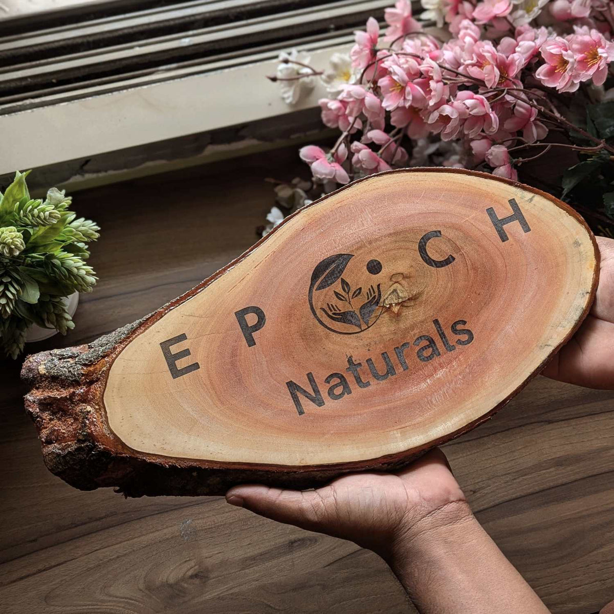 Rustic Natural Wood Logo Sign | Engraved Wood Nameplate for Office &amp; Cafe