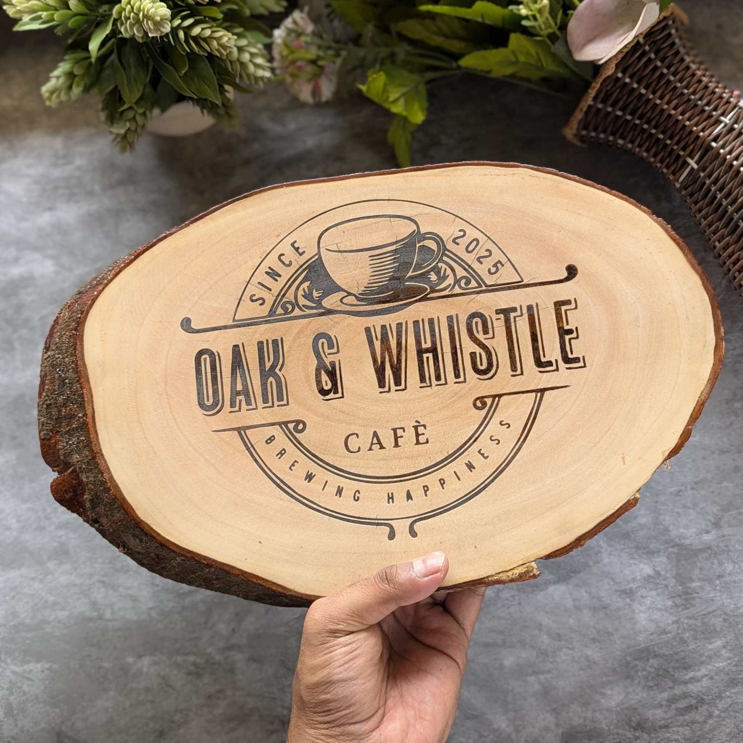 Rustic Natural Wood Logo Sign | Engraved Wood Nameplate for Office & Cafe