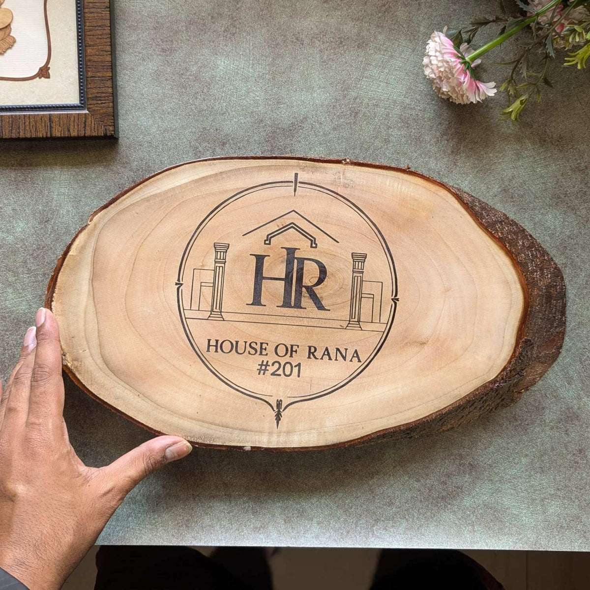 Rustic Natural Wood Logo Sign | Engraved Wood Nameplate for Office &amp; Cafe