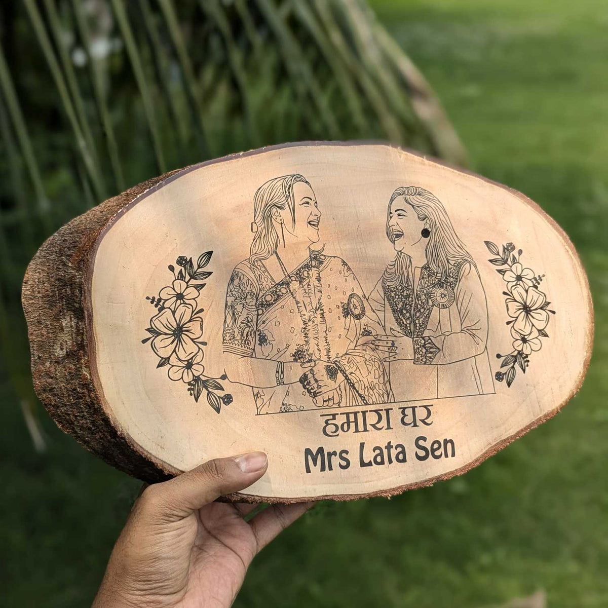 Photo Engraved Rustic Wood Sign With Natural Bark | Customised Wood Nameplate