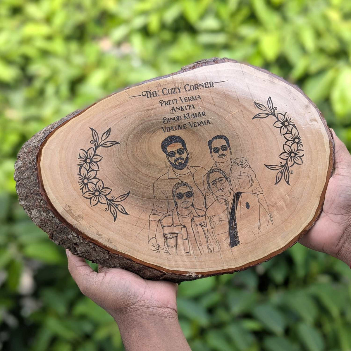 Photo Engraved Rustic Wood Sign With Natural Bark | Customised Wood Nameplate