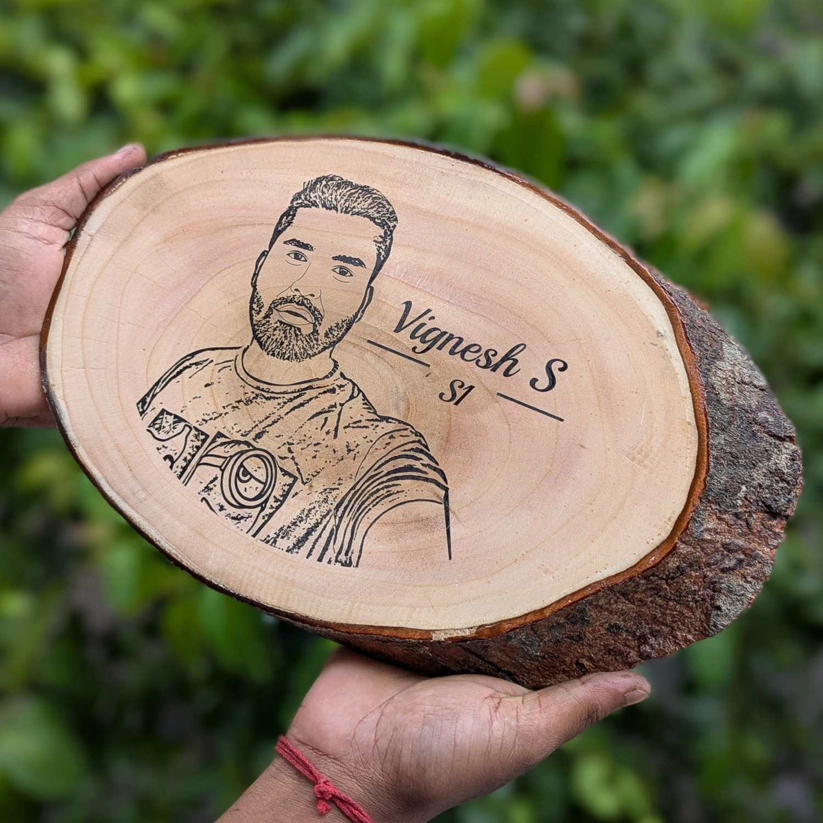 Photo Engraved Rustic Wood Sign With Natural Bark | Customised Wood Nameplate