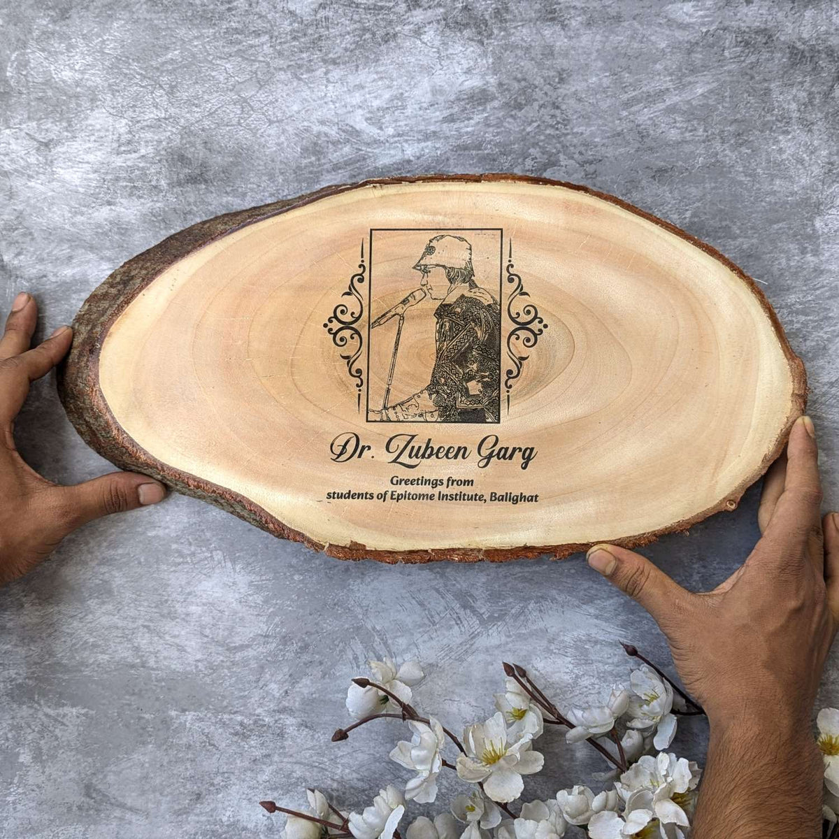 Photo Engraved Rustic Wood Sign With Natural Bark | Customised Wood Nameplate