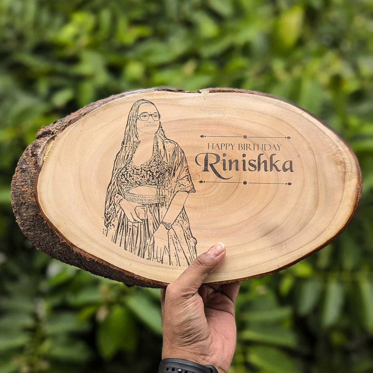 Photo Engraved Rustic Wood Sign With Natural Bark | Customised Wood Nameplate