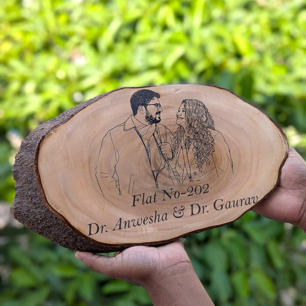 Photo Engraved Rustic Wood Sign With Natural Bark | Customised Wood Nameplate
