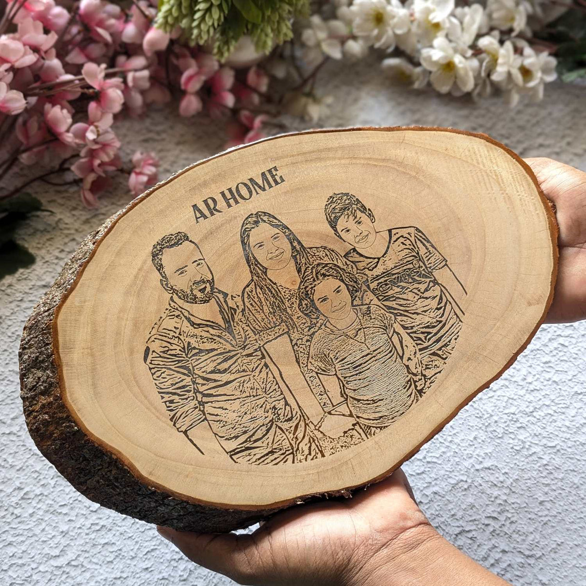 Photo Engraved Rustic Wood Sign With Natural Bark | Customised Wood Nameplate