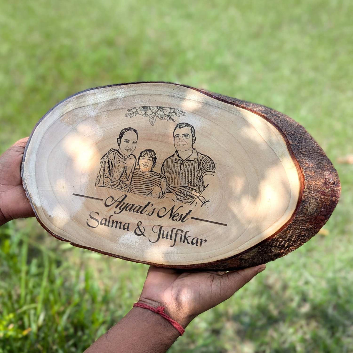 Photo Engraved Rustic Wood Sign With Natural Bark | Customised Wood Nameplate