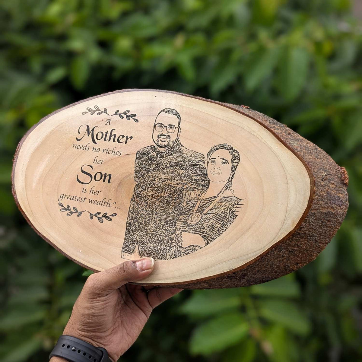 Photo Engraved Rustic Wood Sign With Natural Bark | Customised Wood Nameplate