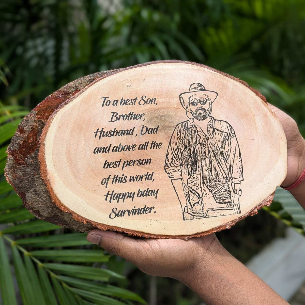 Photo Engraved Rustic Wood Sign With Natural Bark | Customised Wood Nameplate