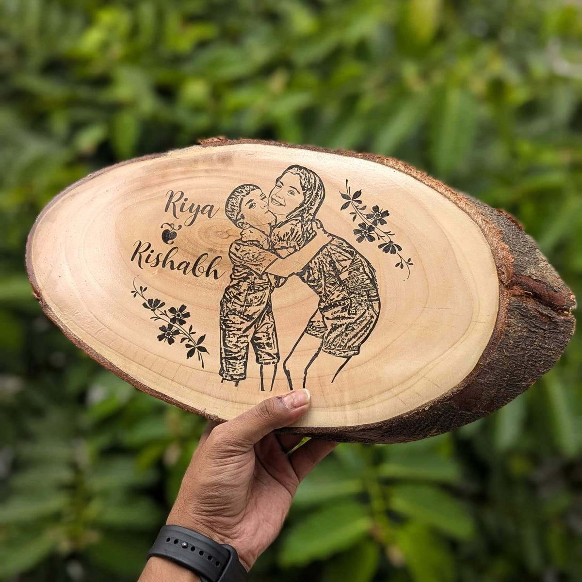 Photo Engraved Rustic Wood Sign With Natural Bark | Customised Wood Nameplate