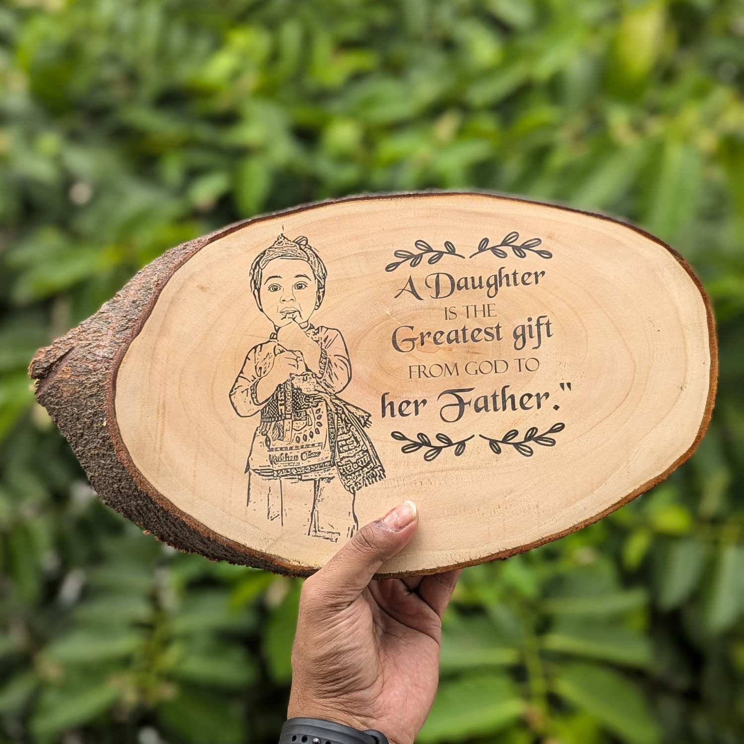 Photo Engraved Rustic Wood Sign With Natural Bark | Customised Wood Nameplate