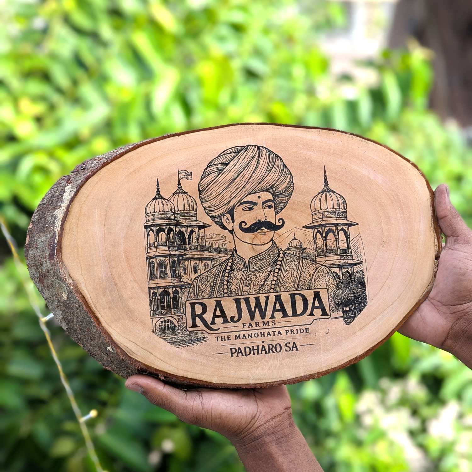 Photo Engraved Rustic Wood Sign With Natural Bark | Customised Wood Nameplate