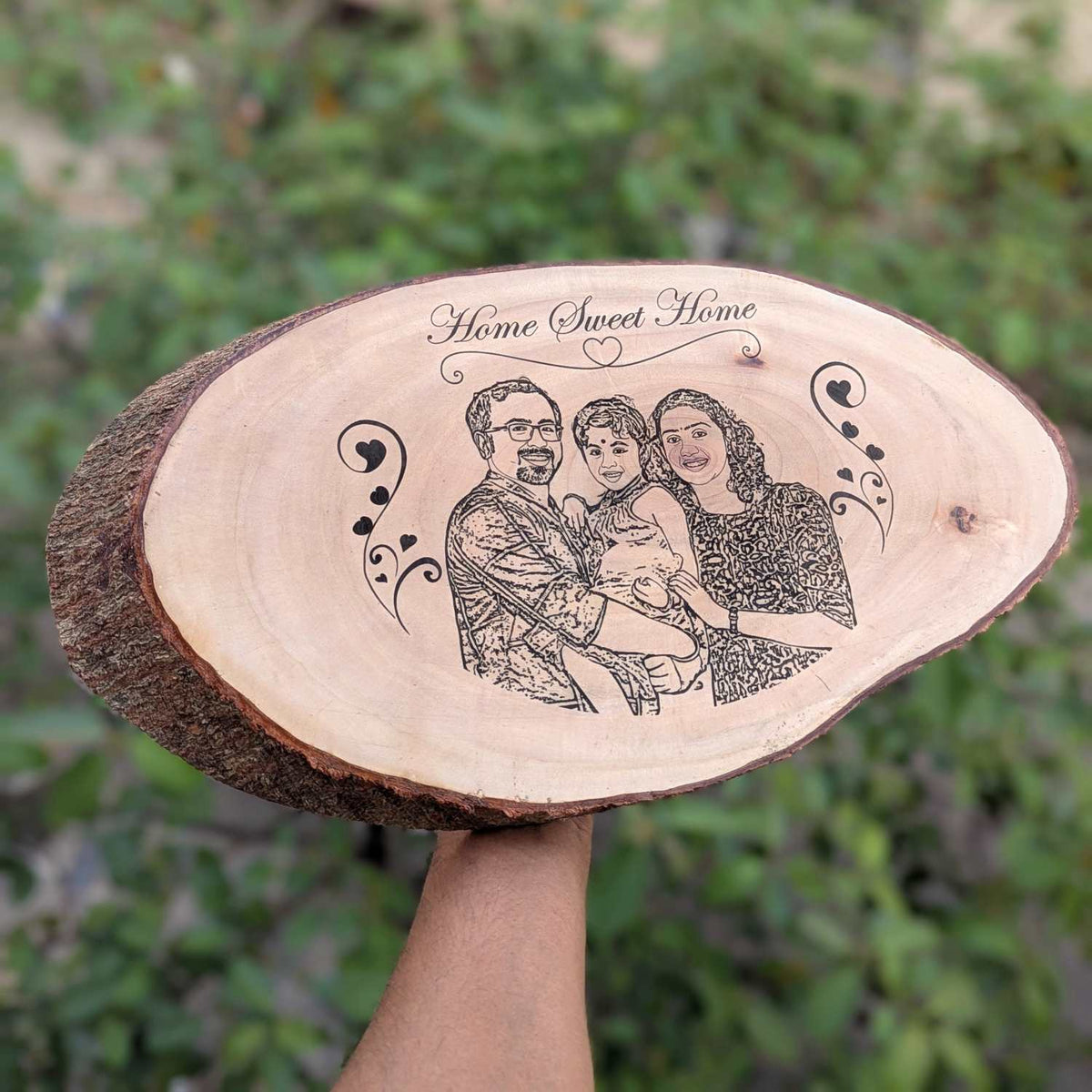 Photo Engraved Rustic Wood Sign With Natural Bark | Customised Oval Wood Slice