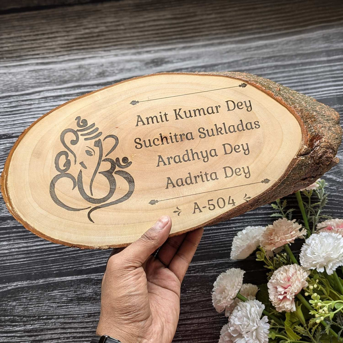 Rustic Natural Wooden Nameplate With Wood Bark | Live Edge Wood Sign