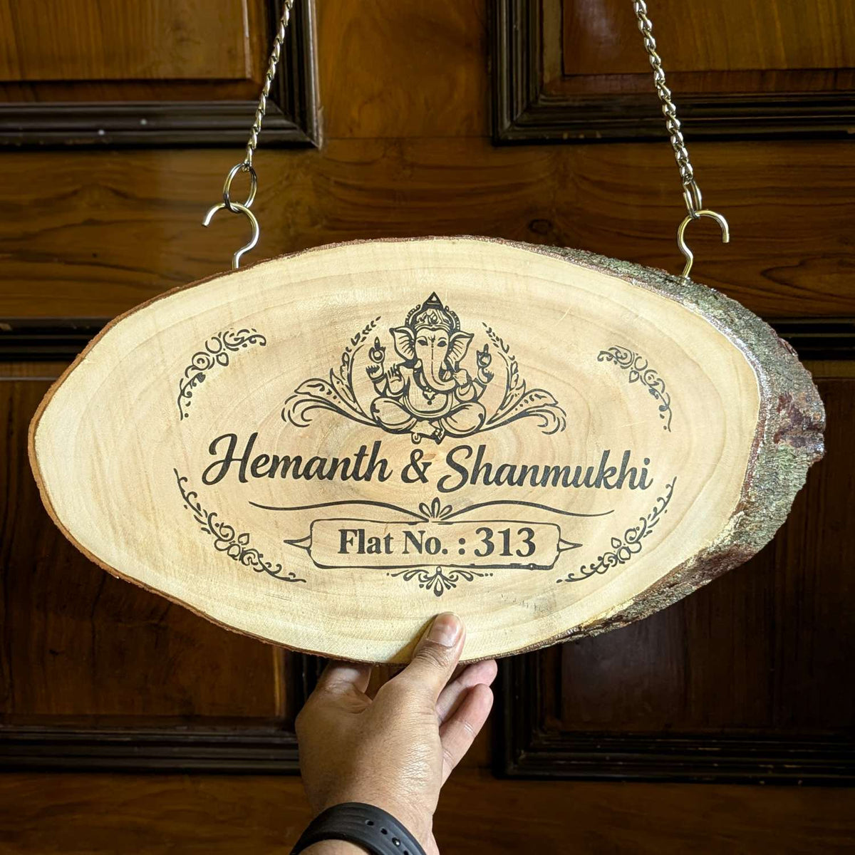 Rustic Natural Wooden Nameplate With Wood Bark | Live Edge Wood Sign