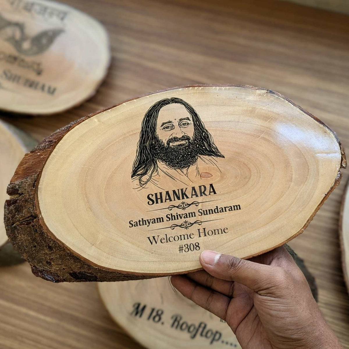 Photo Engraved Rustic Wood Sign With Natural Bark | Customised Wood Nameplate