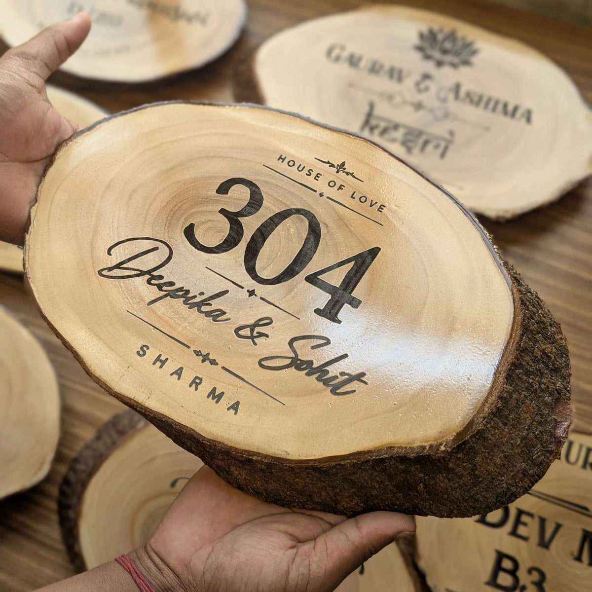 Rustic Natural Wooden Nameplate With Wood Bark | Live Edge Wood Sign