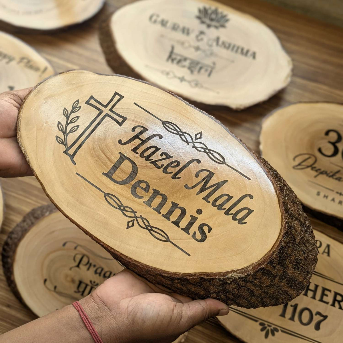 Rustic Natural Wooden Nameplate With Wood Bark | Live Edge Wood Sign