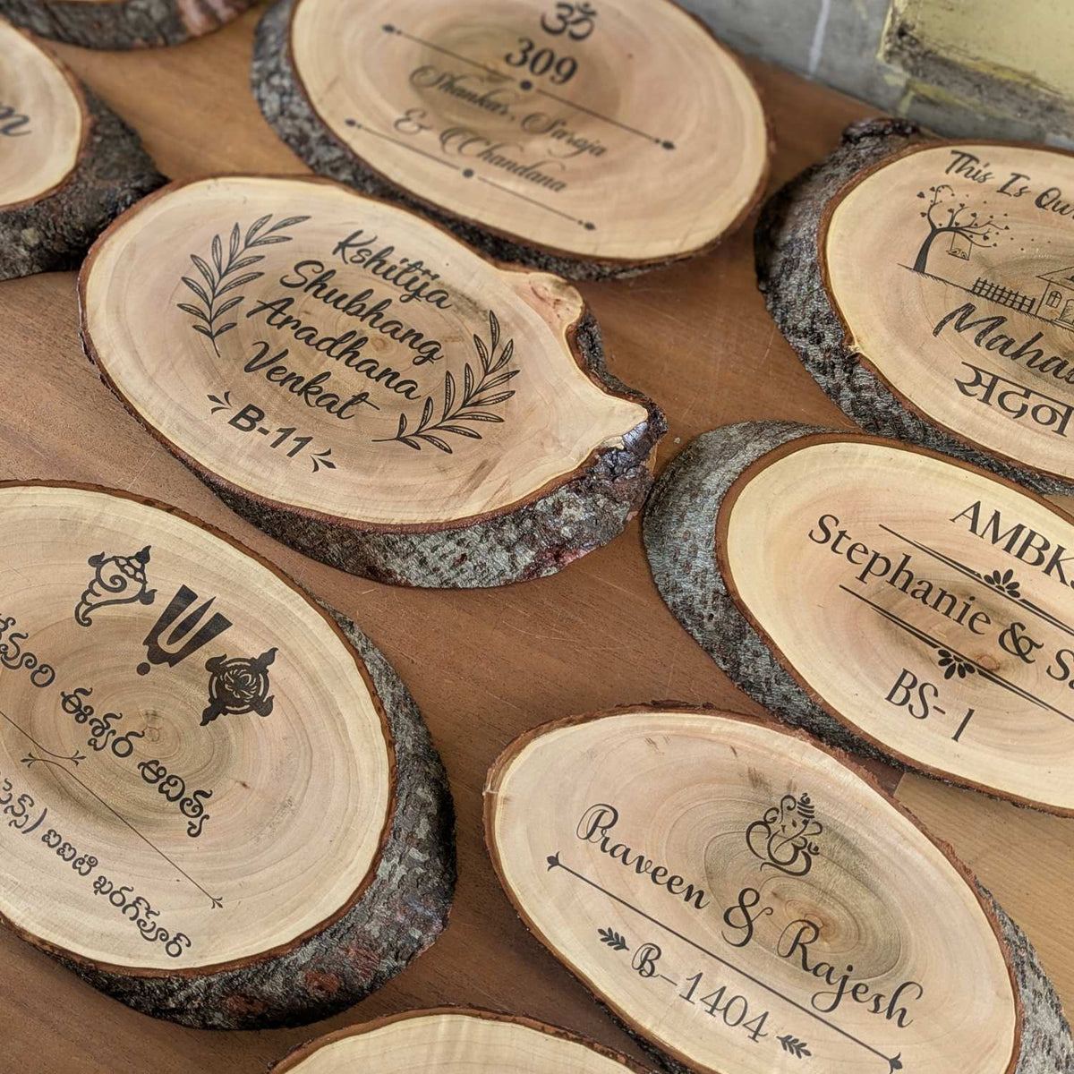 Rustic Natural Wooden Nameplate With Wood Bark | Live Edge Wood Sign