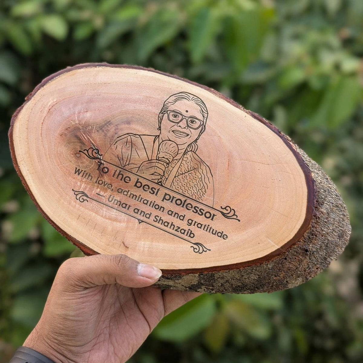 Photo Engraved Rustic Wood Sign With Natural Bark | Customised Wood Nameplate